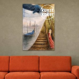 Surrealistische kunstprint van een vrouw in rode jurk bij trap in bamboebos met gondel aan het water, fine art collage op museumkwaliteit papier.