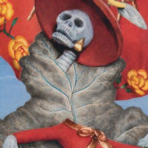 Botanische surrealistische collage met rode hoed en organische vormen