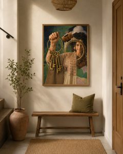 Surrealistische collage met sleutels, vrouwelijk portret en houten horloge