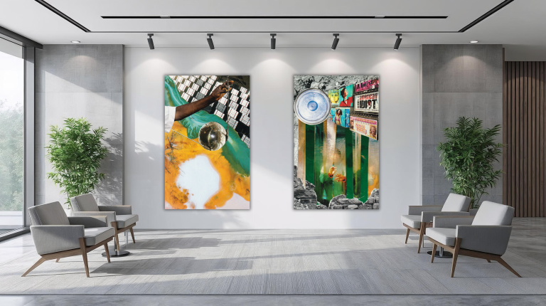 twee schilderijen in een bedrijfspand wachtruimte