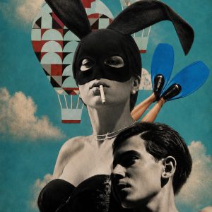 Behind the Mask, handgemaakte surrealistische collagekunst met vrouw, konijnenmasker, man en luchtballonnen.