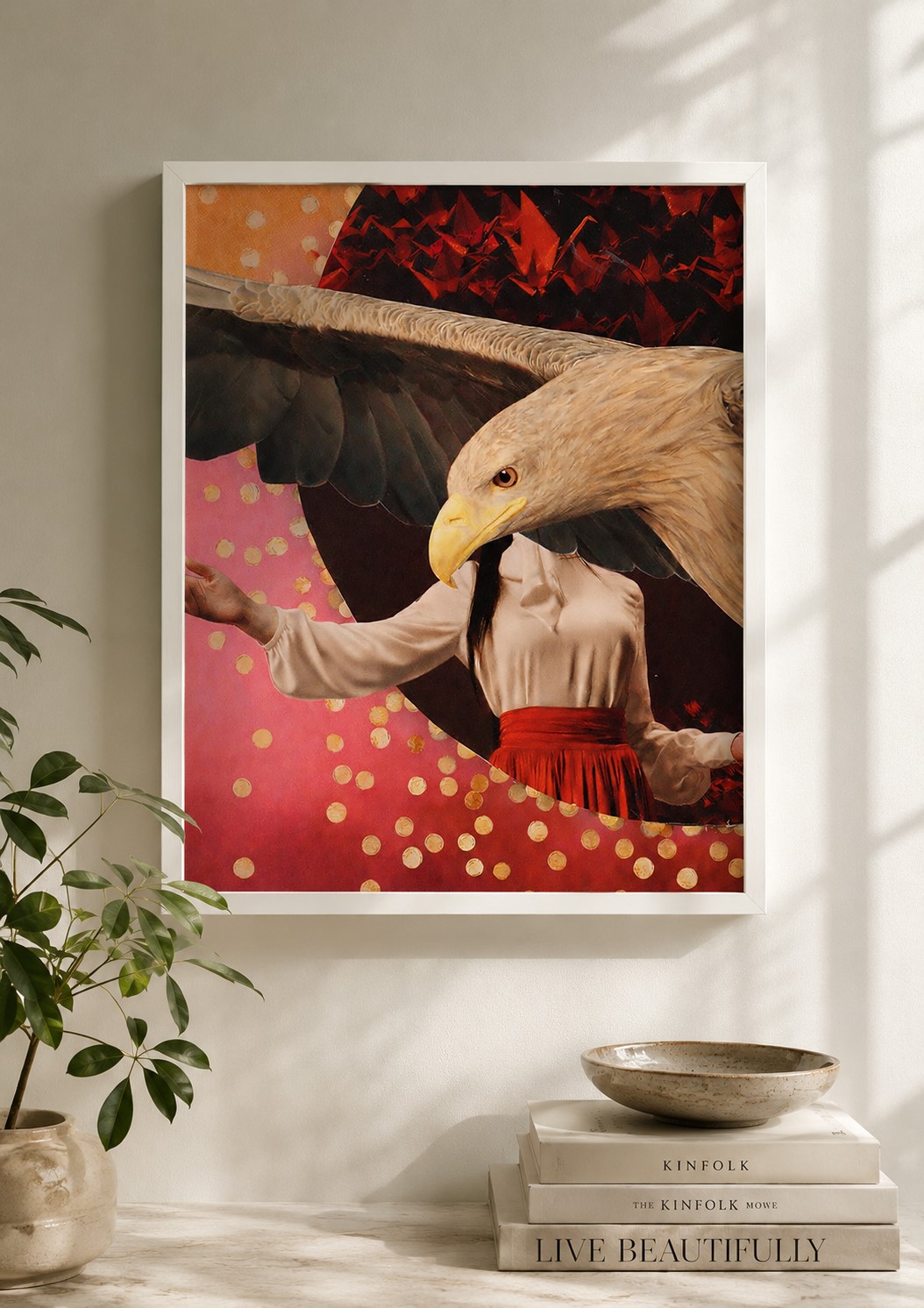 a3 kunstwerk vrouw met vogel rood