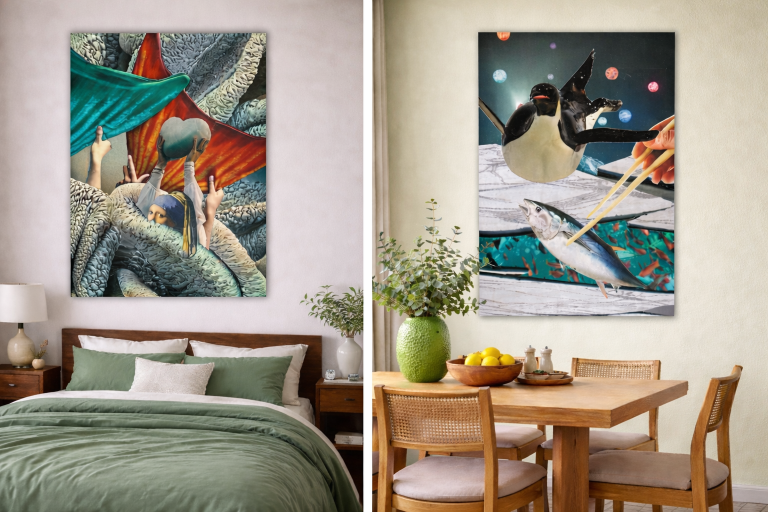 kunstollage aan de muur in het interieur